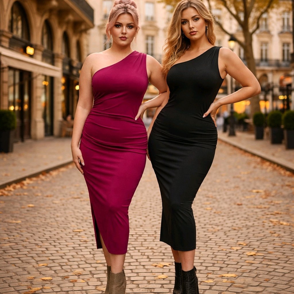 2 Express One-Shoulder Dresses - Black and Purplish XL Run Big Fit Like 2XL